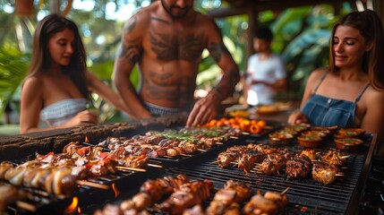 A group is grilling food together, sharing a cuisine event - obrazy, fototapety, plakaty