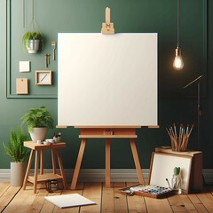 Easel with blank canvas and brush in art studio, suitable for mock up - obrazy, fototapety, plakaty