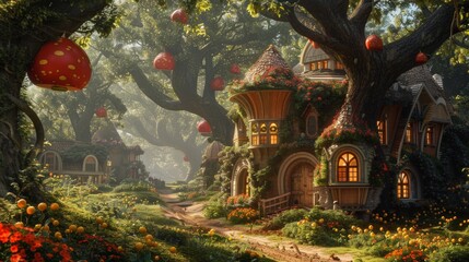 A fairy tale house with a tree in the middle of it, AI