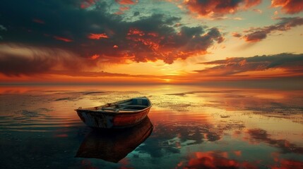 A boat is sitting on the water at sunset, AI