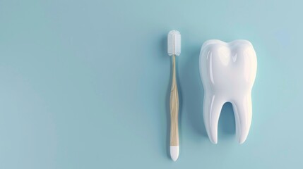Close-up view of human tooth model with toothbrush