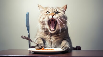 cat is hungry and keeps food and fork isolated on white