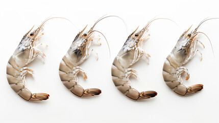 Top view of a collection of fresh prawns isolated on a white background, showcasing an assortment of plump, ready-to-cook prawns with their natural pink and translucent hues.  - obrazy, fototapety, plakaty