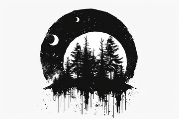 illustration of an abstract moon in the night in a forest surrounded by trees - 782080902