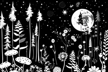 black and white black and white illustration featuring forest moon and stars and in the background a moon linocut