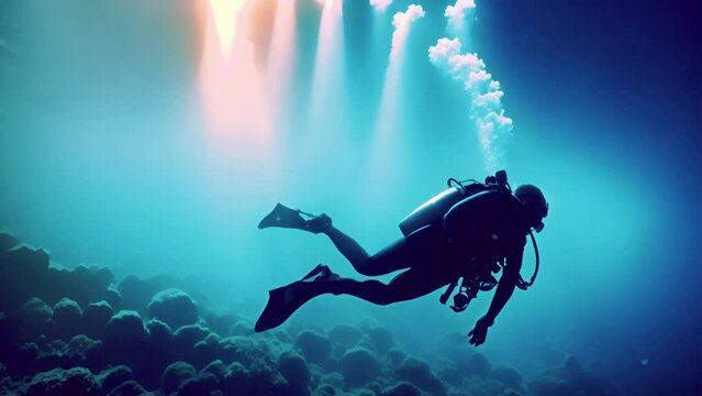 silhouette female or male scuba diver sun beam shine rays underwater lady woman diver relaxing blue ocean scenery of person. Beautiful underwater world 4k video