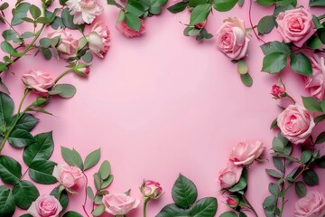 Banner with frame made of rose flowers and green leaves on a pink background. Springtime composition with copyspace with generative ai
