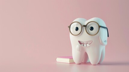 Cute cartoon character of tooth with eyeglasses and book.