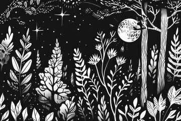 illustration of an abstract moon in the night in a forest surrounded by trees