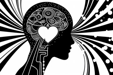 black and white image of human head with a heart design in it