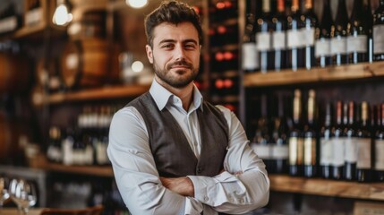 A man standing in front of a bar with wine bottles, AI