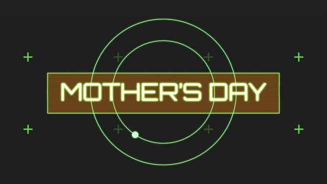 Graphic design for Mother's Day celebration, featuring a circular design with Mother's Day in green letters surrounded by a border of green lines on a black background