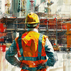 Illustration of a construction engineer in a yellow reflective vest and safety helmet supervising a large building construction site. - obrazy, fototapety, plakaty