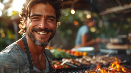 Man in chef hat smiles while cooking natural foods on barbecue grill