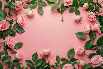 Banner with frame made of rose flowers and green leaves on a pink background. Springtime composition with copyspace with generative ai