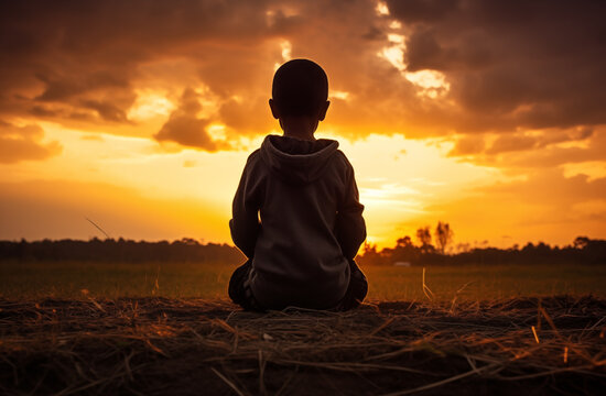 Prayer concept. Silhouette of a cute boy in a hoodie in a praying pose. Set against a vibrant sunset sunrise sky. Clasped hands. Also related to wisdom, light, healing, humility, reverent, holistic