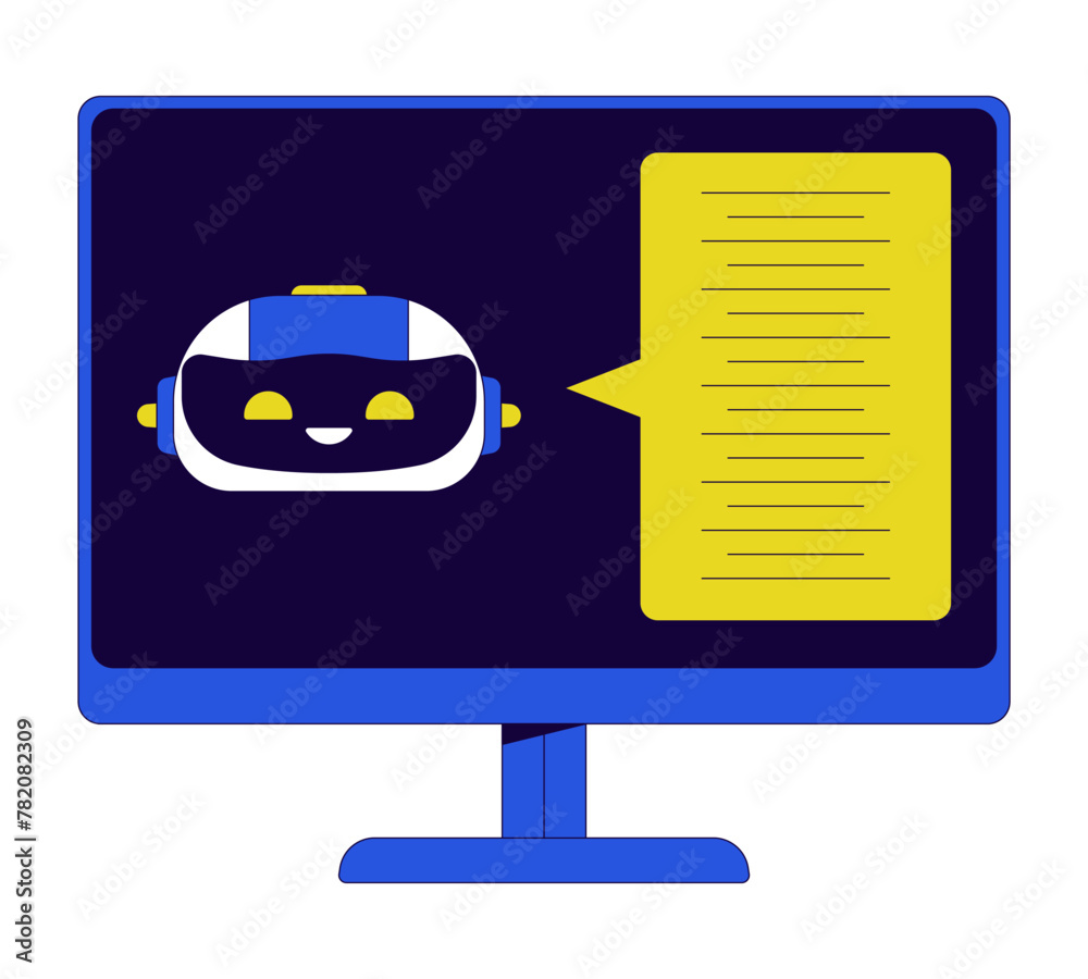 Poster Chatbot AI computer display 2D linear cartoon object. Artificial intelligence messenger bot isolated line vector element white background. Voice to text software color flat spot illustration