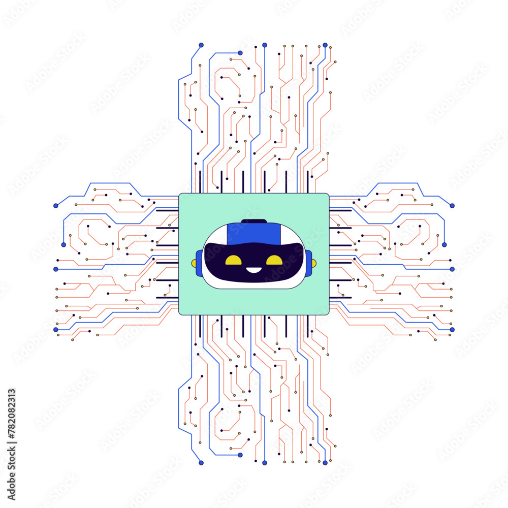 Aufkleber ai microchip cpu 2d linear cartoon object. artificial intelligence chip circuit isolated line vector