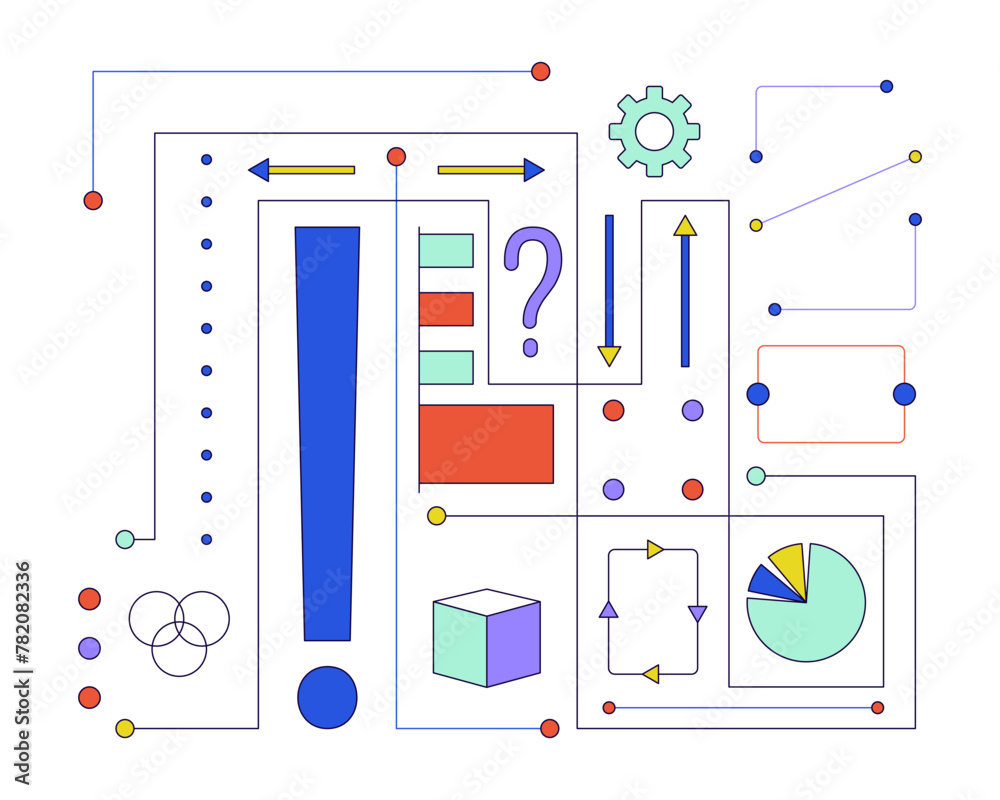 Poster neural network data 2d linear cartoon object. artificial intelligence algorithm processing isolated 
