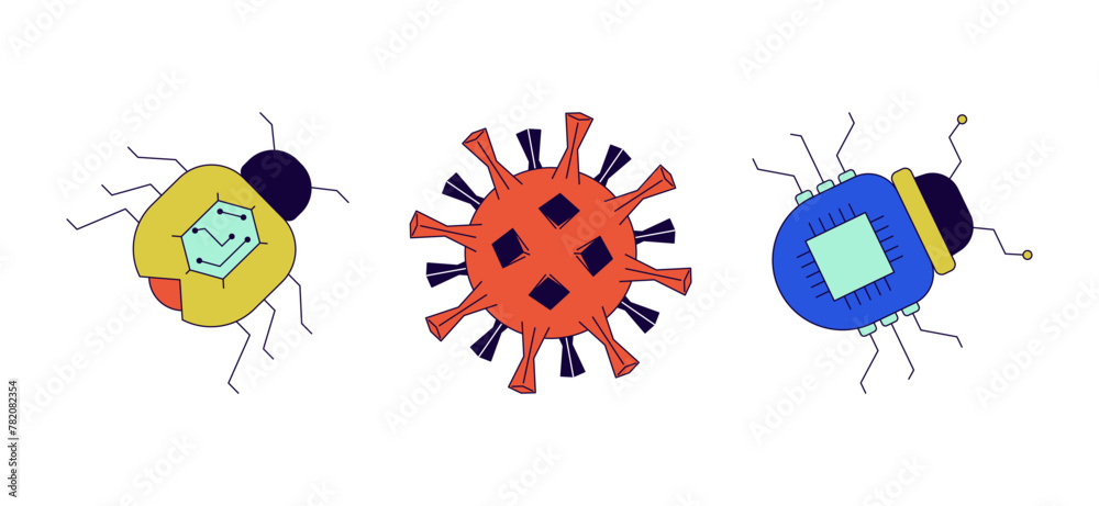 Poster virus computer bugs 2d linear cartoon objects set. dangerous malware isolated line vector elements w