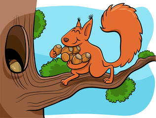 cartoon squirrel carrying acotns to the hollow