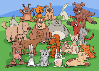 funny dogs and cats and rabbits cartoon characters group