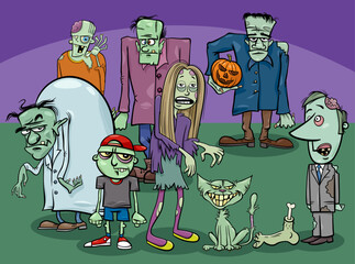 cartoon zombies characters group or people in zombie costumes