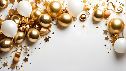 Golden and white balloons with matching ribbons, stars, and confetti symbolize celebration and festive occasions