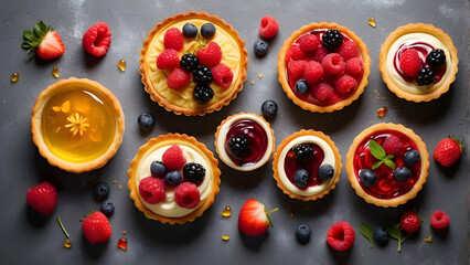 Various berries in tart shells with custard on a dark slate surface, ideal for dessert menu