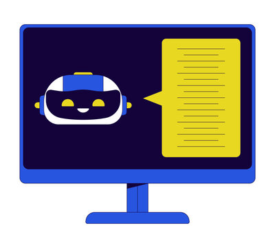 Chatbot AI computer display 2D linear cartoon object. Artificial intelligence messenger bot isolated line vector element white background. Voice to text software color flat spot illustration