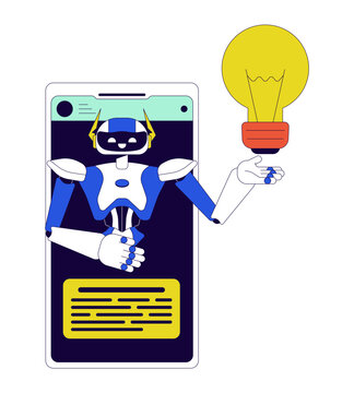 AI assistant cellphone 2D linear cartoon object. Idea generation algorithm mobile phone isolated line vector element white background. Artificial intelligence chatbot color flat spot illustration