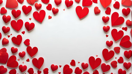 An array of red hearts of various sizes creating a border on a pure white background, a perfect image for romantic concepts