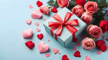 Soft pink roses and elegant gift boxes interspersed with red hearts on a tranquil pastel blue background for romantic concepts
