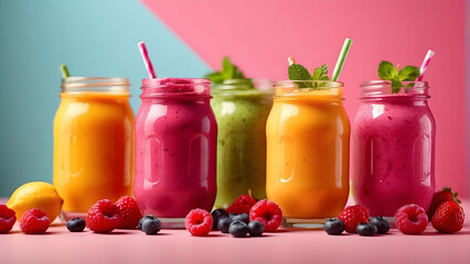 Delicious and healthy assorted fruit smoothies in mason jars with straws, decorated with fresh berries and mint leaves against a vibrant background - obrazy, fototapety, plakaty