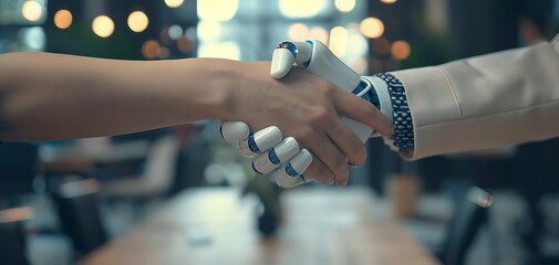 Handshake between human and robot, office background