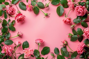Banner with frame made of rose flowers and green leaves on a pink background. Springtime composition with copyspace with generative ai
