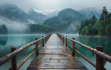 Wooden dock on lake with mountain backdrop, surrounded by natural landscape