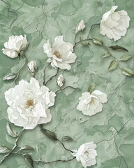 Vintage White Flowers on Rustic Sage Green Background in Distressed Grunge Style