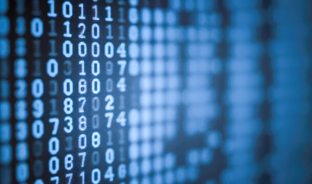 Blue computer screen filled with binary code. Ideal for concepts related to data, technology, and cybersecurity. Abstract information technology background. Digital binary code matrix background