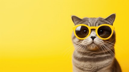 Funny cat in bow tie and glasses sitting on yellow background - obrazy, fototapety, plakaty
