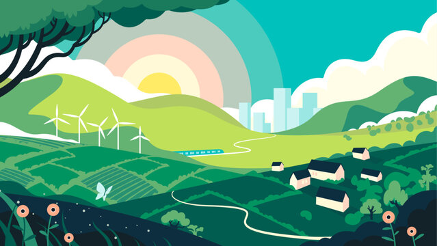 Layered Vector Sunset over Eco Friendly Environment City and Town with Rolling Hills with Flowers