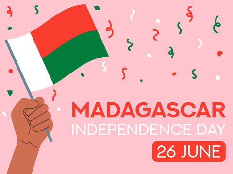 Madagascar independence day 26 June. Madagascar flag in hand. Greeting card, poster, banner template
