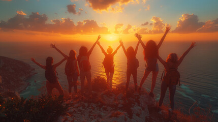 Multiracial group of people with raised arms looking at sunset. Backlight shot. Happiness, success, friendship and community concepts.