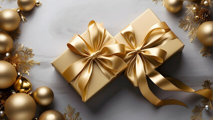 Two golden wrapped gift boxes with luxurious bow ribbons surrounded by festive decorations