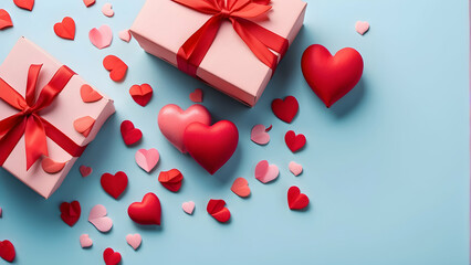 An array of Valentine's Day gifts and red hearts scattered around expressing love, affection, and celebration moments