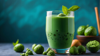 A glass of vibrant green matcha bubble tea with tapioca pearls, accompanied by fresh basil leaves and wooden spoon