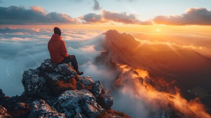 A man sitting on top of a mountain overlooking the clouds, AI - Powered by Adobe