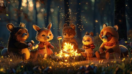 animals gathered around a bonfire, roasting marshmallows and sharing stories, their laughter mingling with the crackle of flames as they enjoy the warmth of friendship - obrazy, fototapety, plakaty
