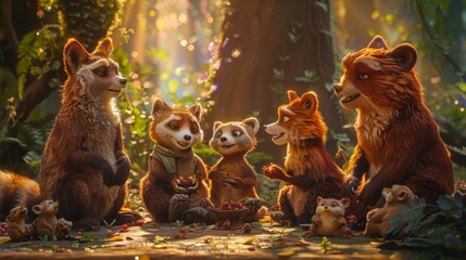 animated animals sitting in a circle, sharing funny stories and jokes with each other, their faces lit up with smiles and their eyes twinkling with mirth - obrazy, fototapety, plakaty