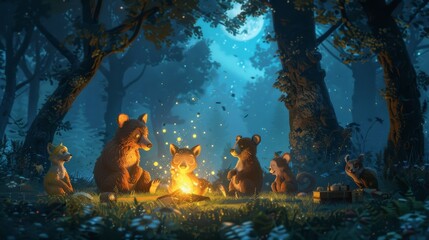 animals gathered around a campfire, regaling each other with funny tales and jokes, their laughter echoing through the forest as they bond over shared moments of joy and amusement - obrazy, fototapety, plakaty